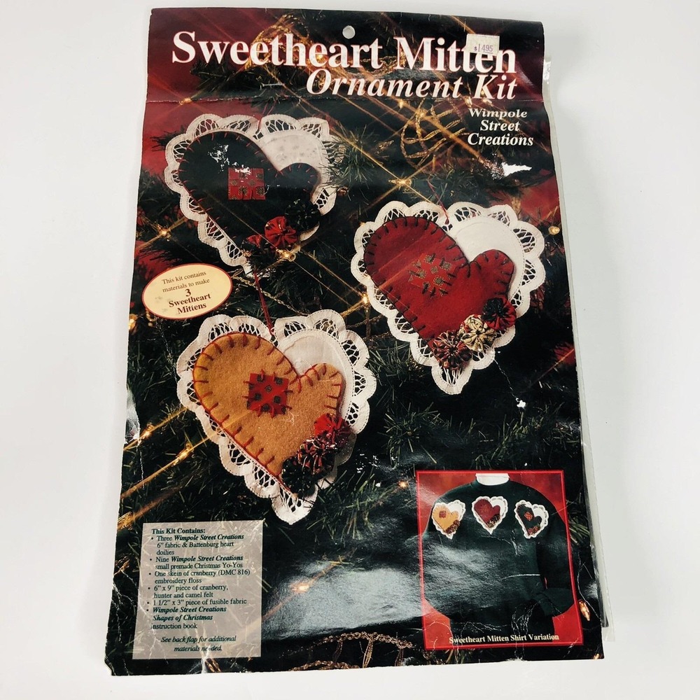 Wimpole Street Creations "Sweetheart Mitten Ornament" Applique Kit Vintage NOS